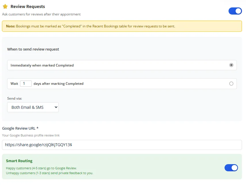 Automated review request settings with smart routing