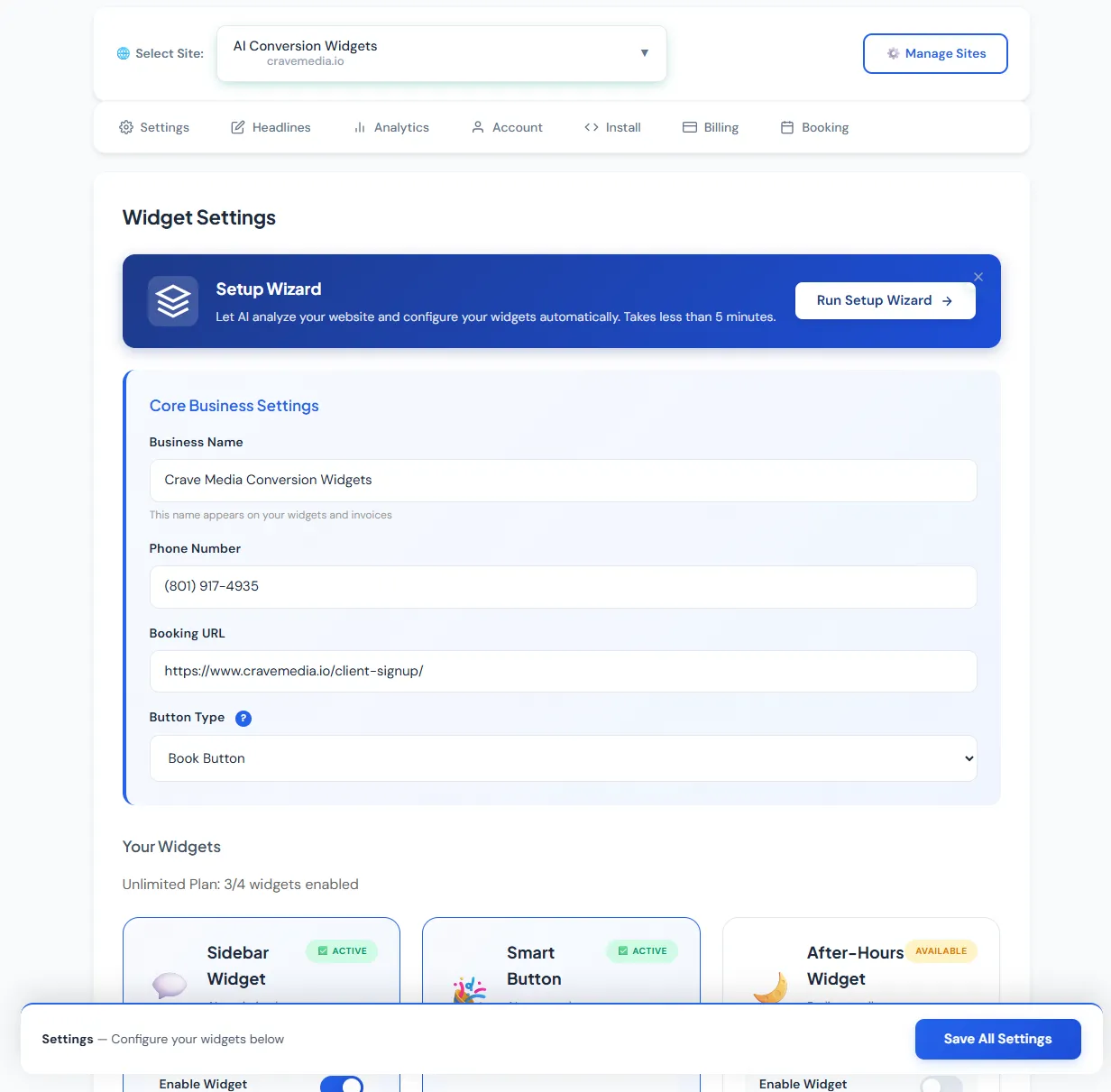 Conversion widget management dashboard